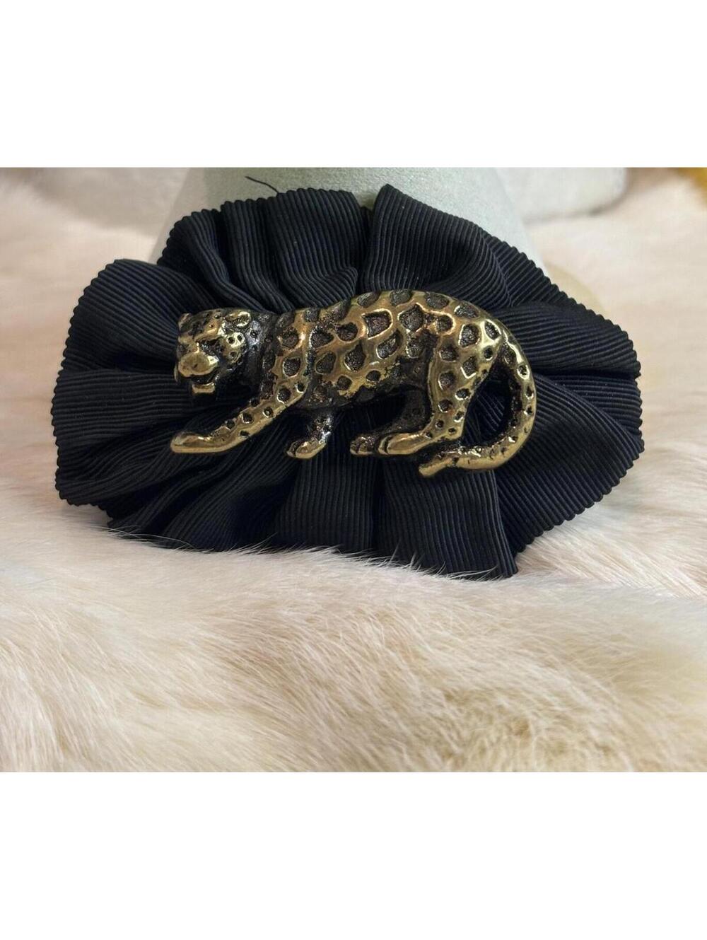 Vintage Black Ruffled Hair Barrette with Gold Leopard Accent - Made in France